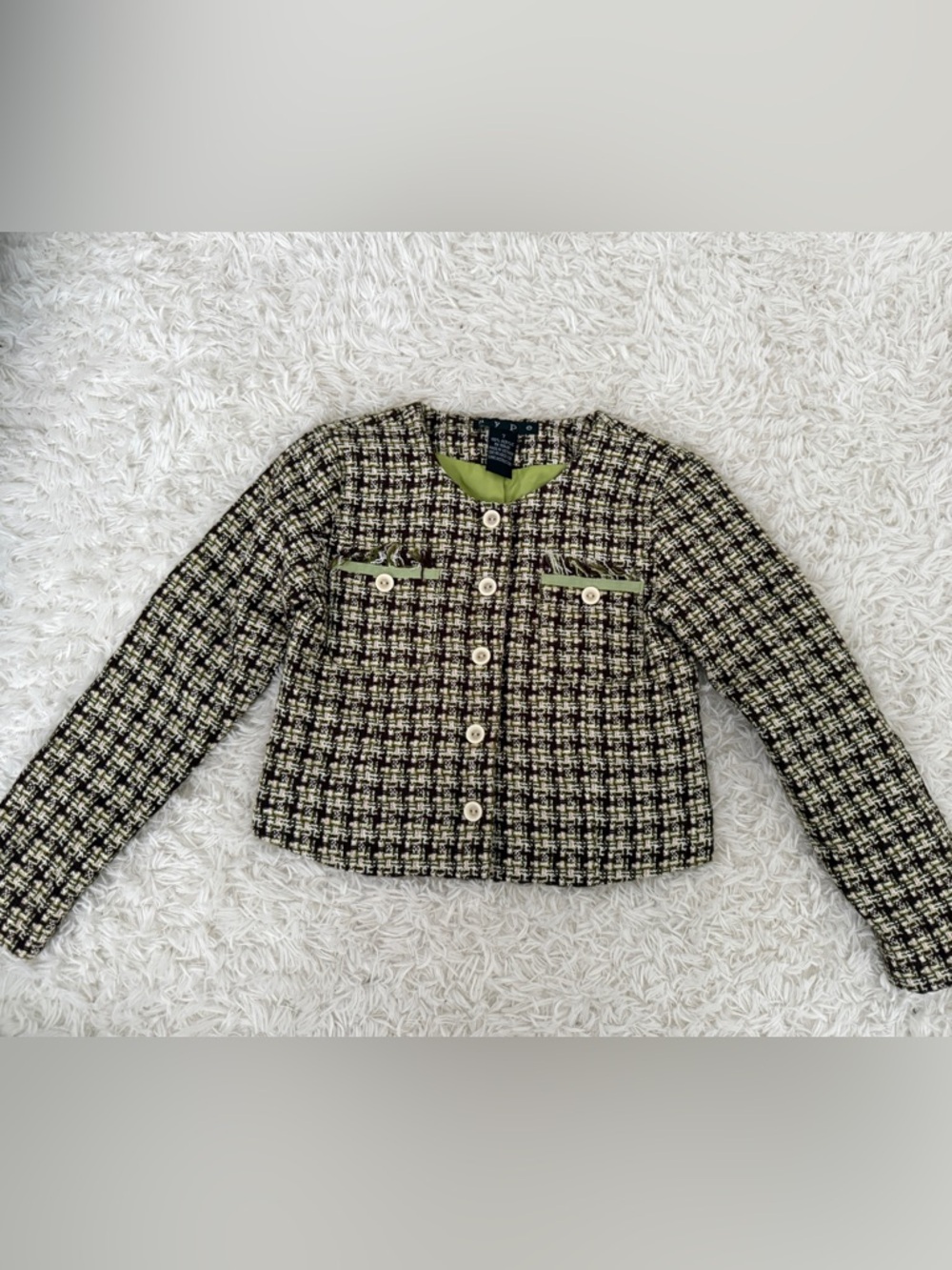 Hype Tweed Cropped Jacket Girls Size 7 Green Brown Button Front - Picture 4 of 4